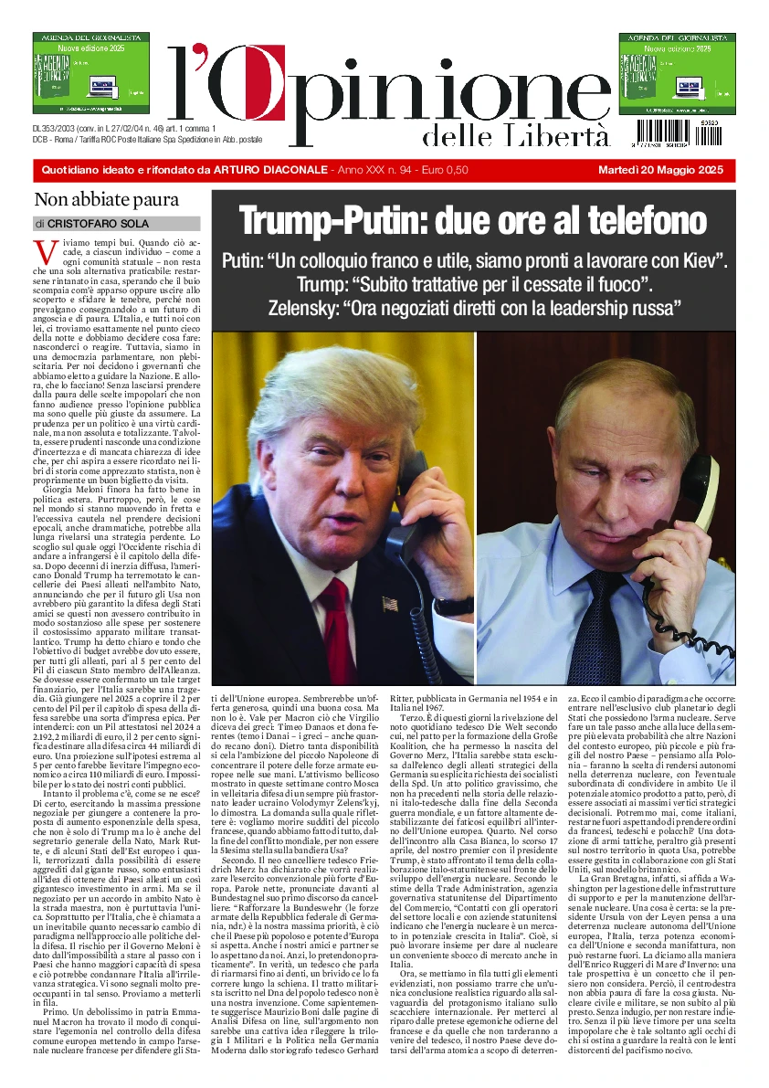 Prima-pagina-opinione della liberta-edizione-di-oggi-2025-05-20